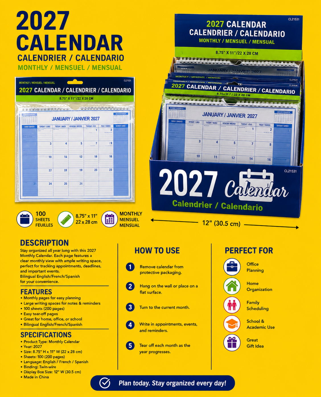 Office Supplies -Monthly Coil Desk Pad Grid Calendar 2027
