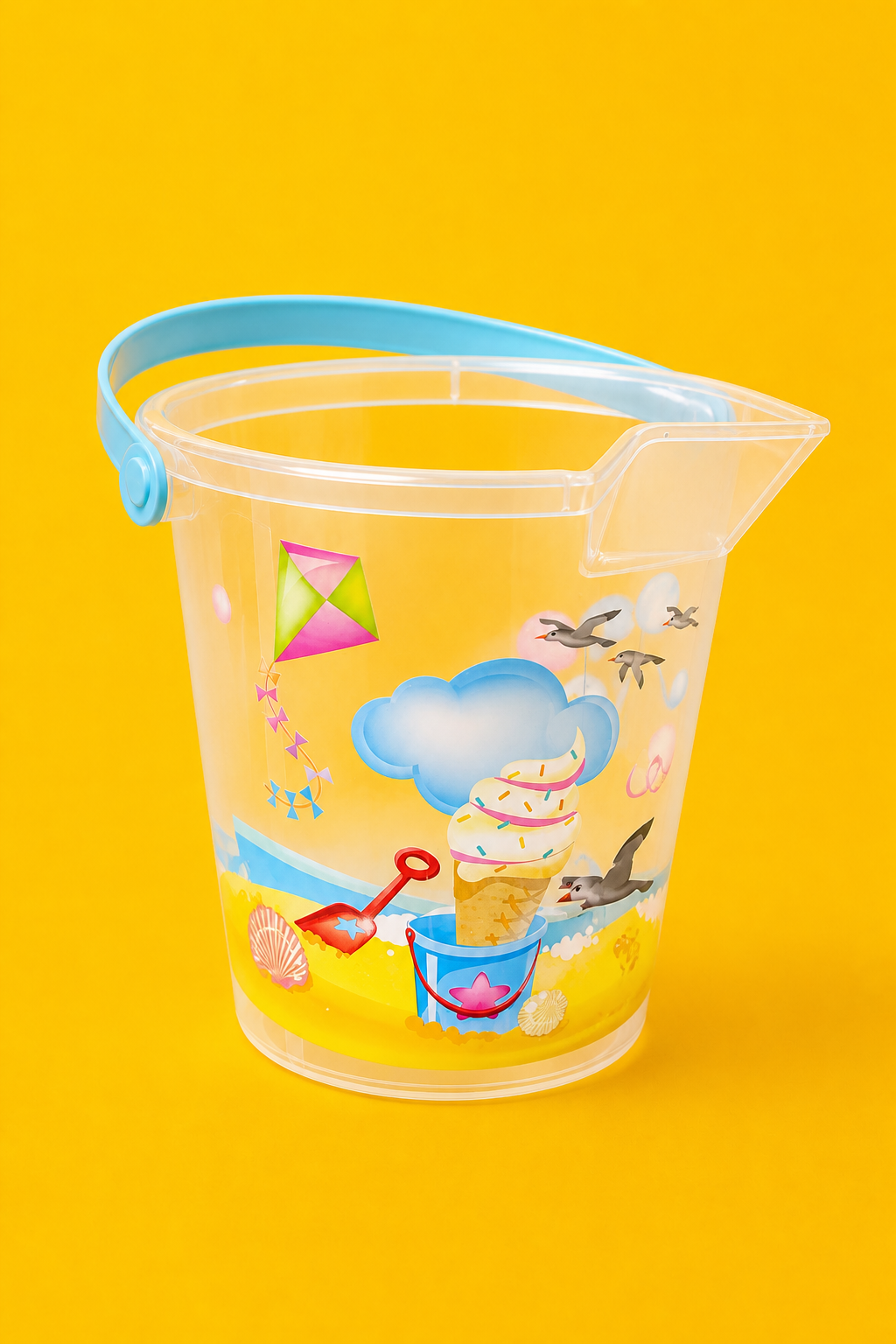 clear plastic beach pail with a sturdy light-blue handle