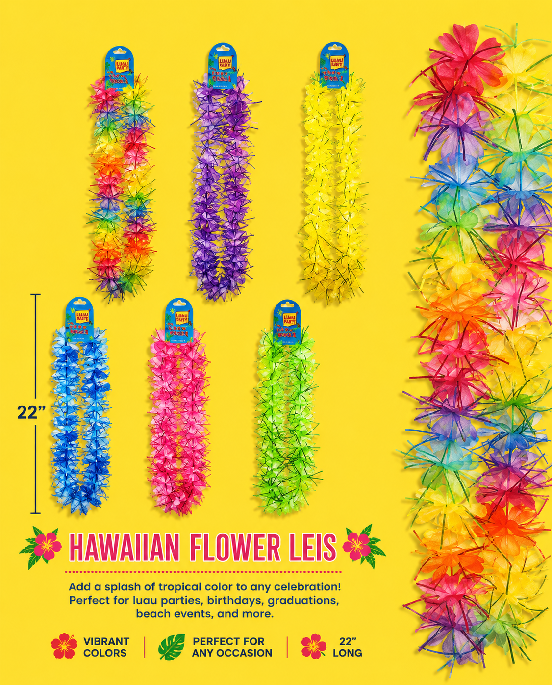 Luau Accessory - Hibiscus Flower Tinsel Lei.