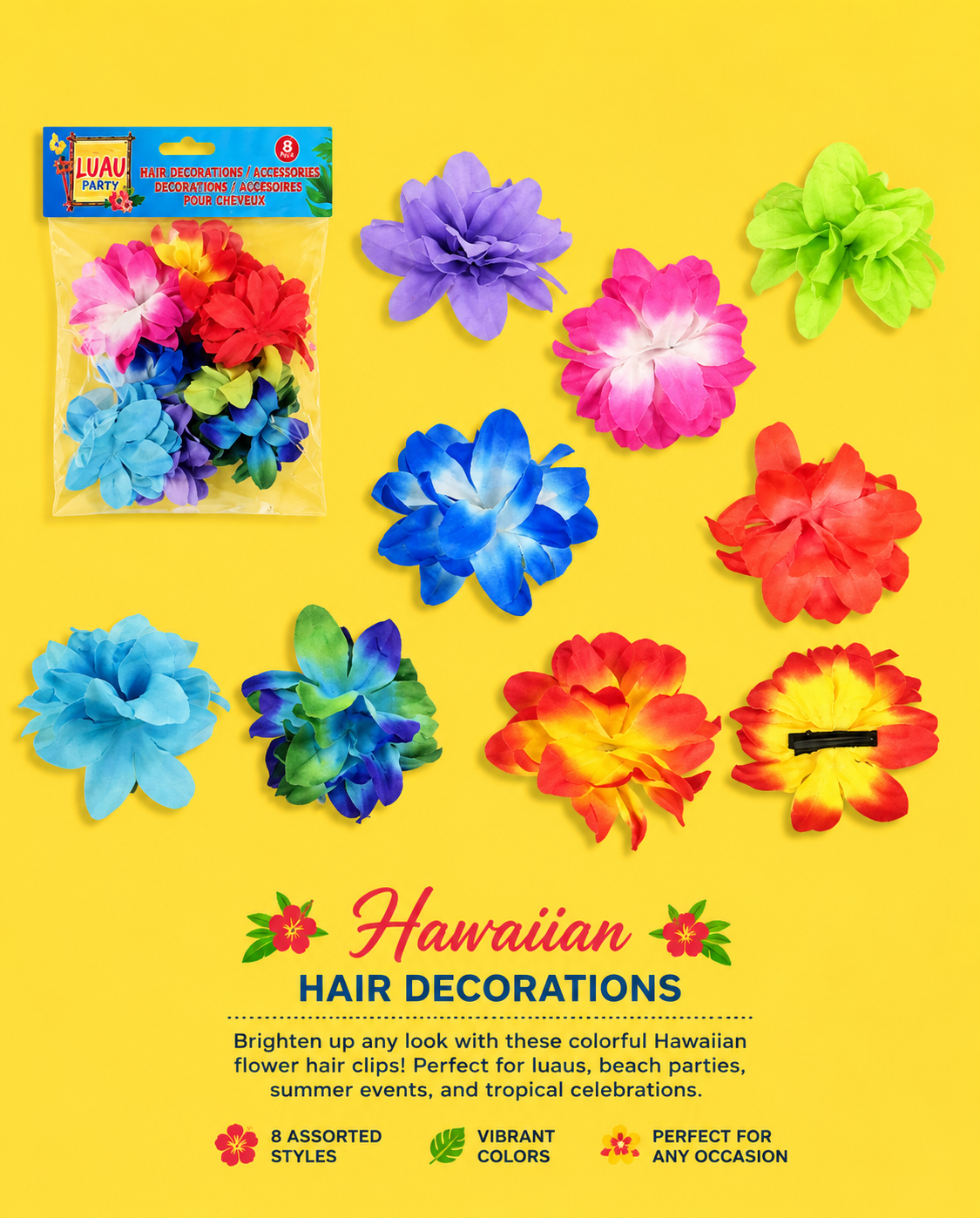 Luau Accessory - Hair Clip 8pk Luau Orchid Petals.
