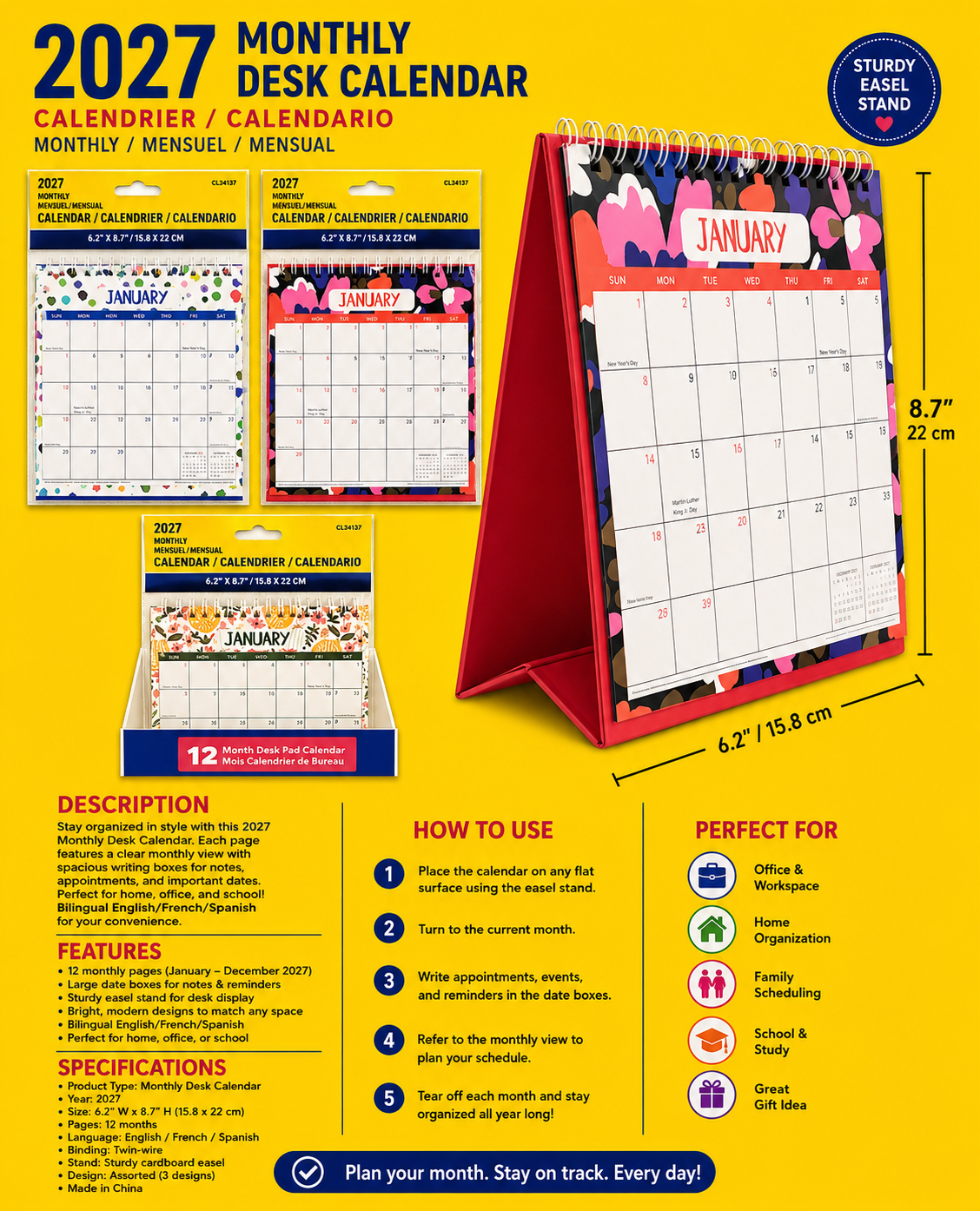 Office Supplies -Month Coil Desktop Calendar 2027