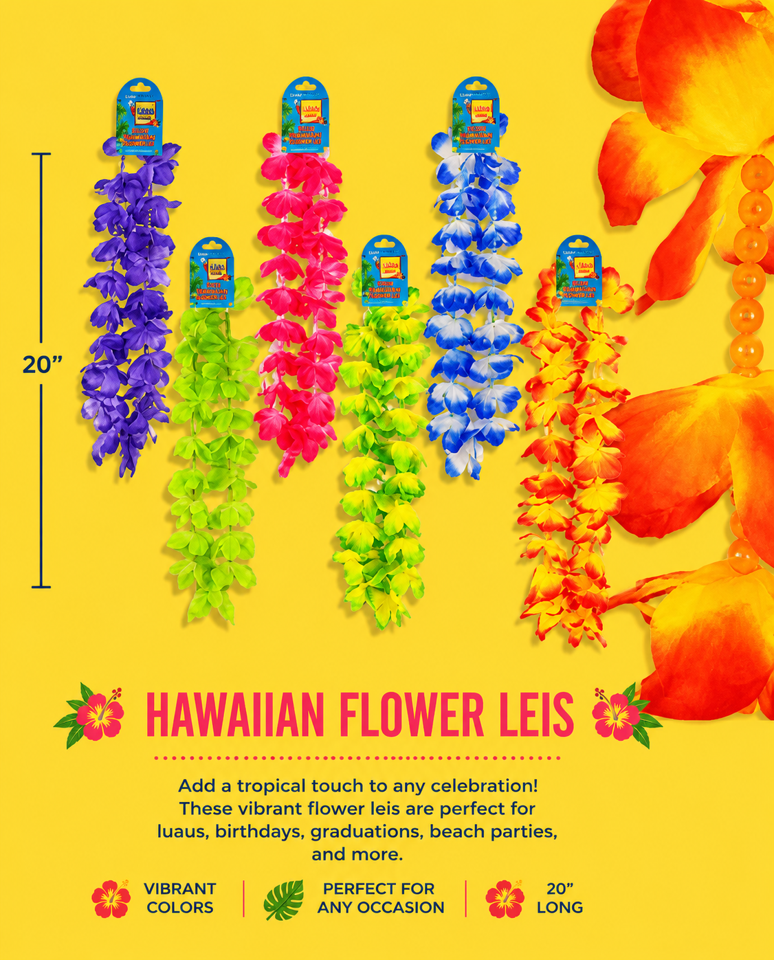 Luau Accessory - Hibiscus Flower Beaded Luau Leis.