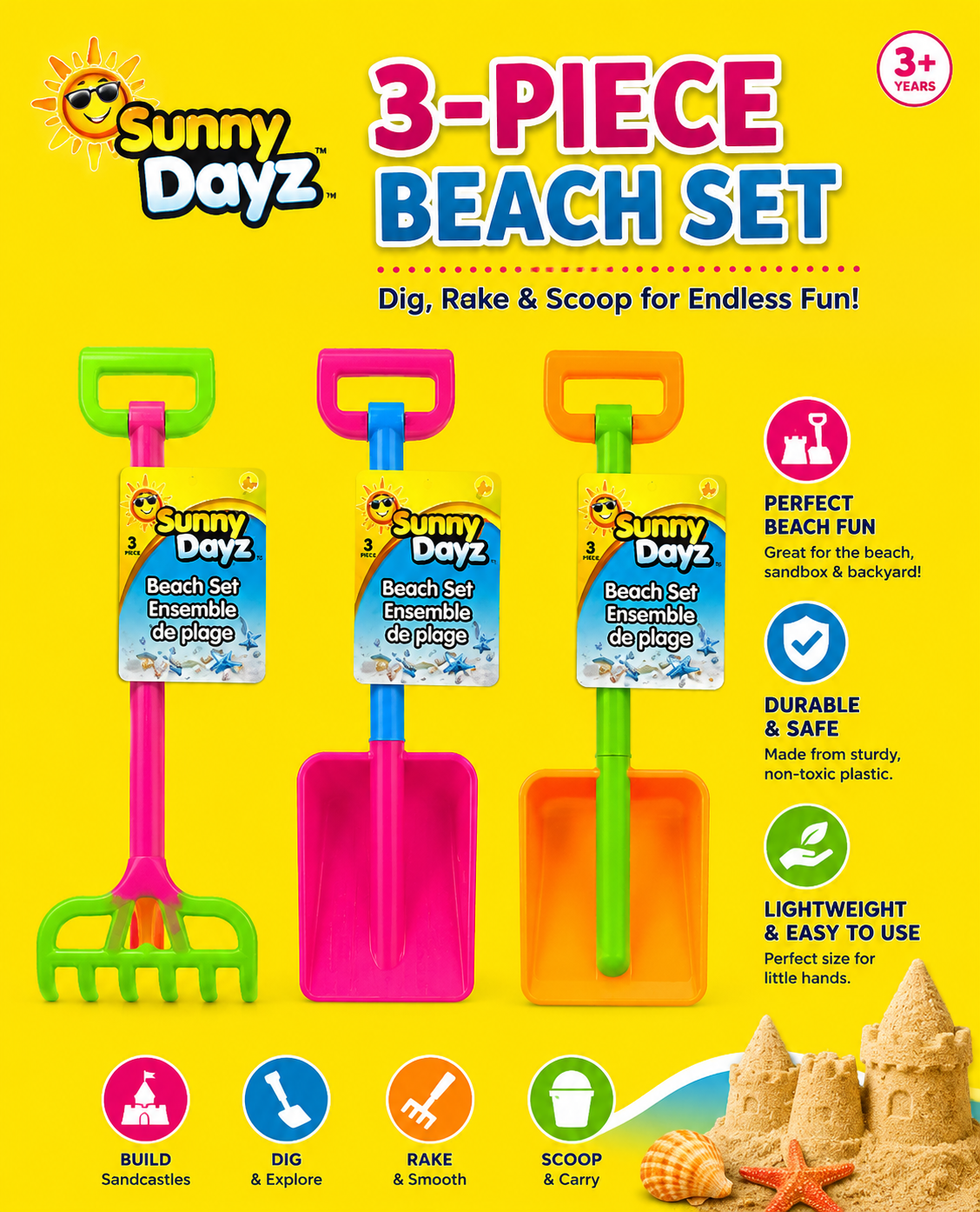 Beach Set - Neon Shovel, Rake & Hoe